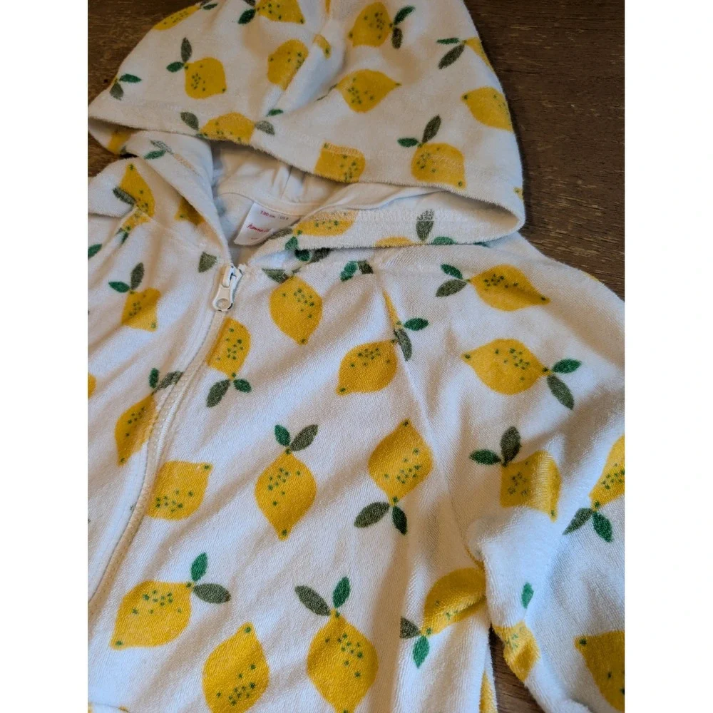 Hanna Andersson Kids Lemon Print Terry Cloth Hooded Zip Up Cover Up White Size 8